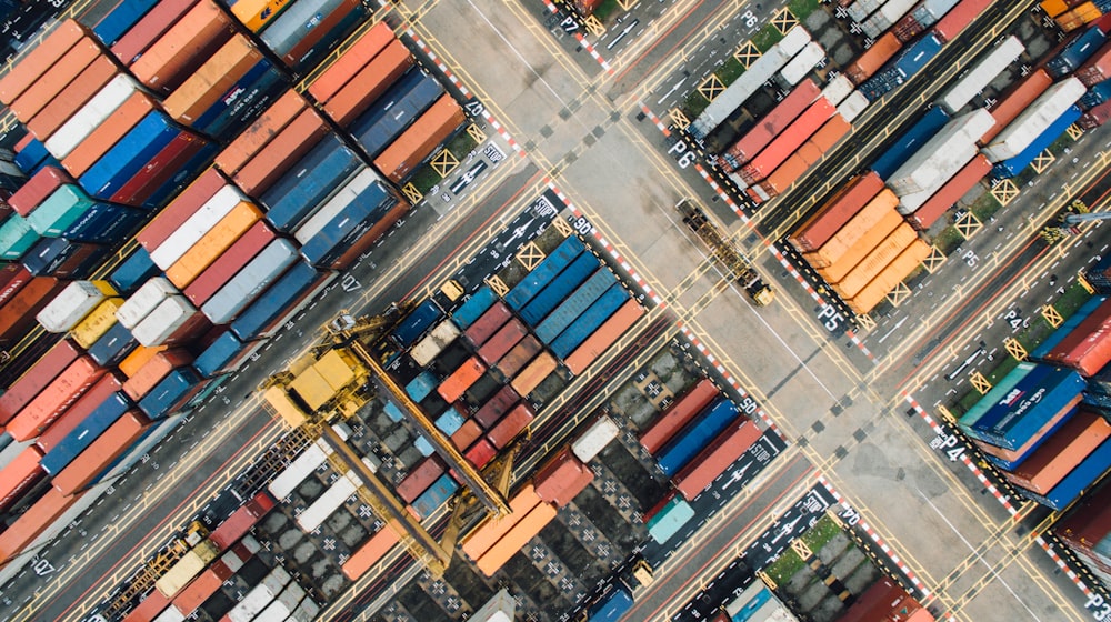 Aerial view of a shipping container yard